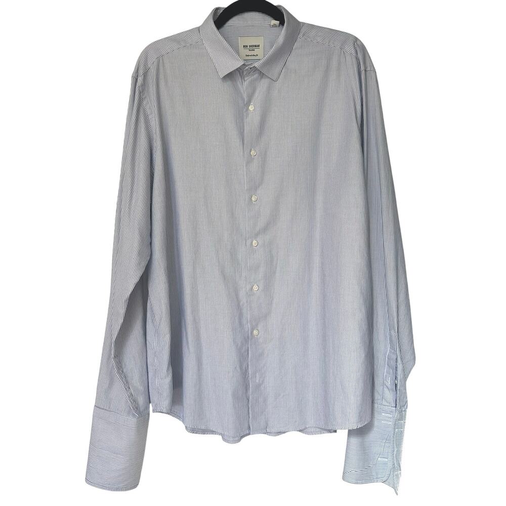 BEN SHERMAN Mens Blue Striped Tailored Slim Fit Button Down Shirt Size 17 1/2